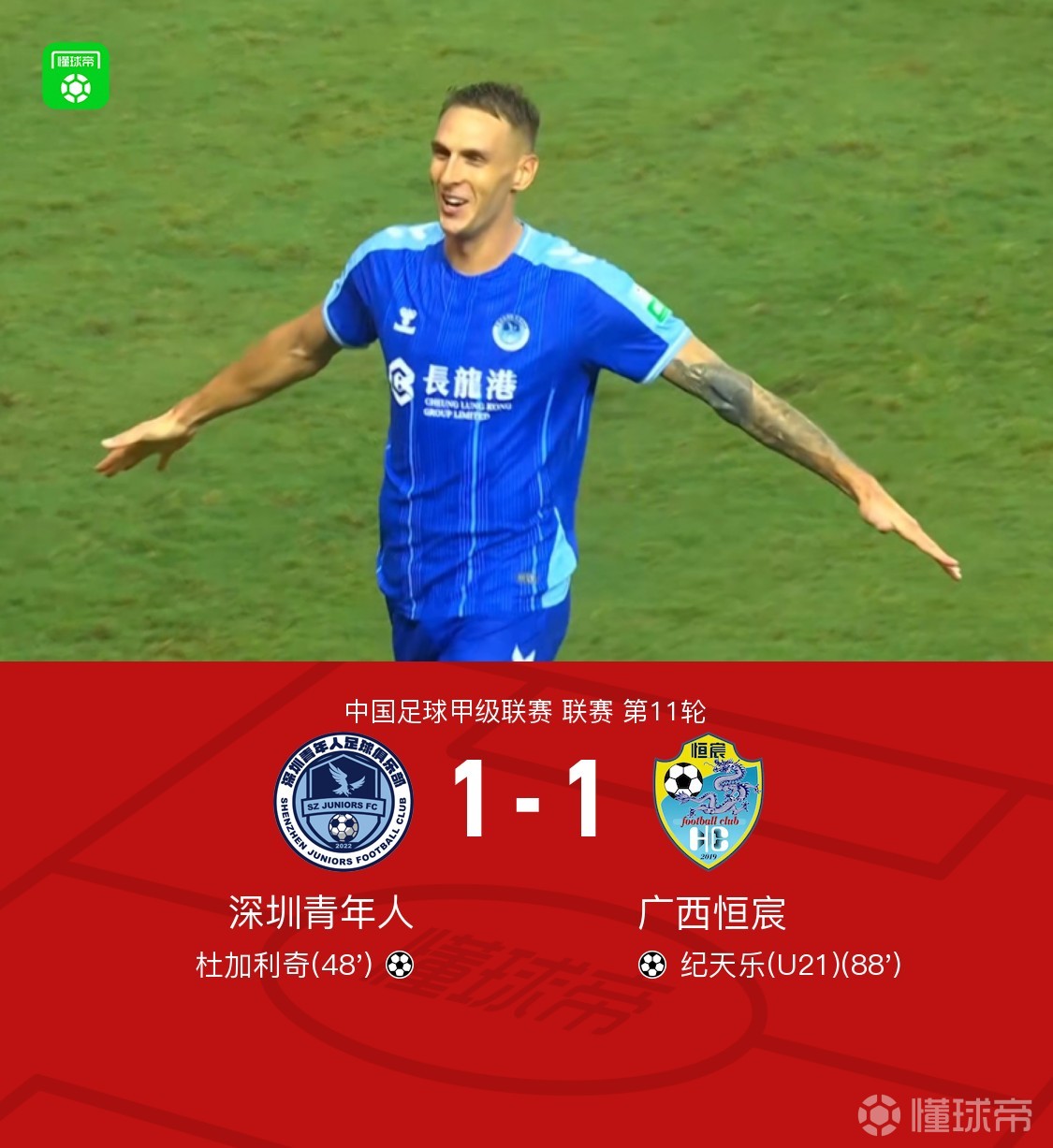 深圳青年人1-1广西恒宸,杜加利奇头球建功,纪天乐绝平